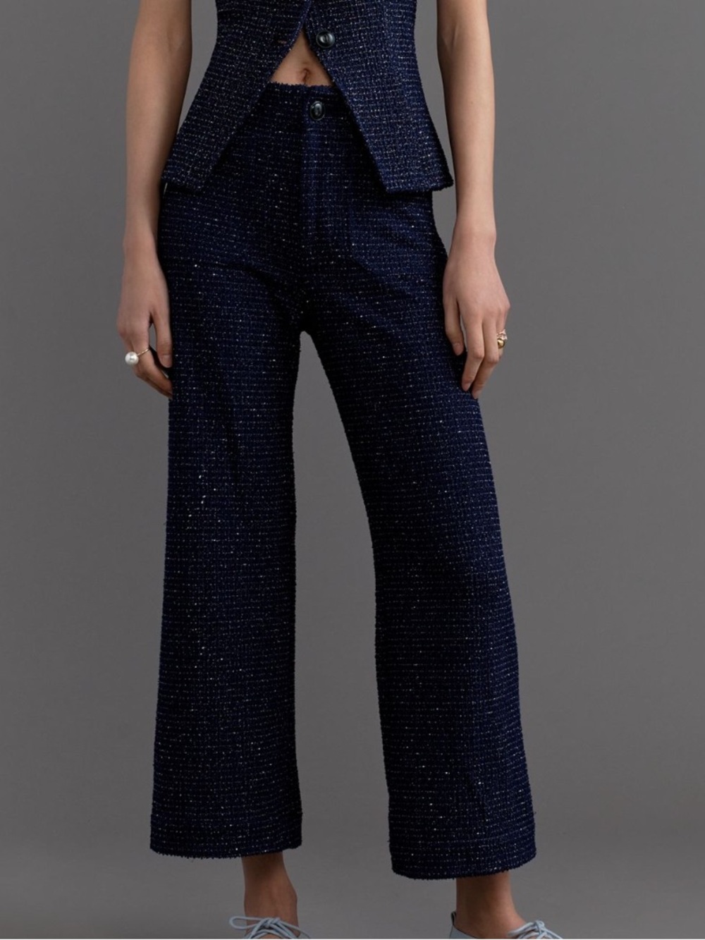 Anthropologie Colette Pants Maeve Cropped Wide Leg Tweed New 28 Navy Blue